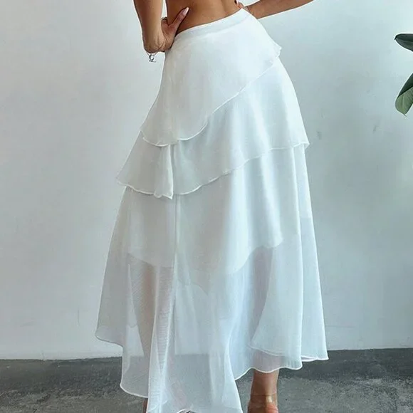 Beige Elegant Women's Multi-Layered Ruffle Trim Cake Skirt For - Picture 2 of 6